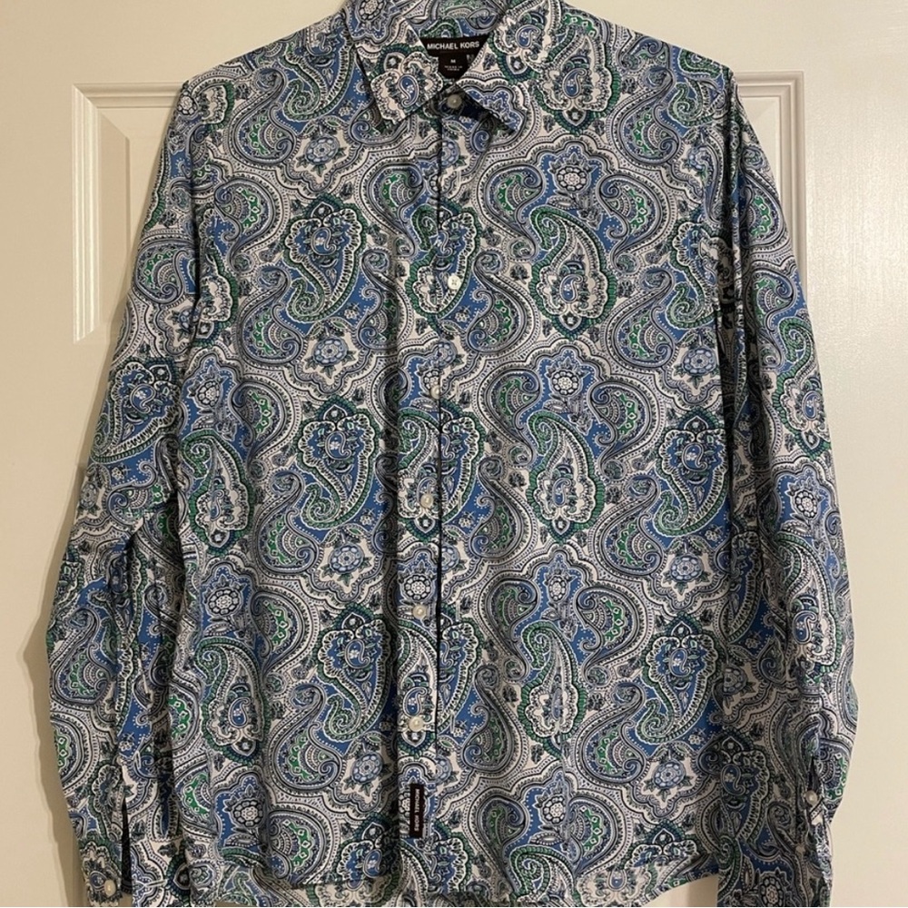 Michael Kors Blue and Green Casual Button Down Shirt